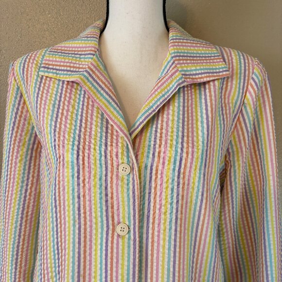 Adorable White Seersucker Jacket with Rainbow Pastel Striped‎ Jacket Womens - Picture 3 of 10